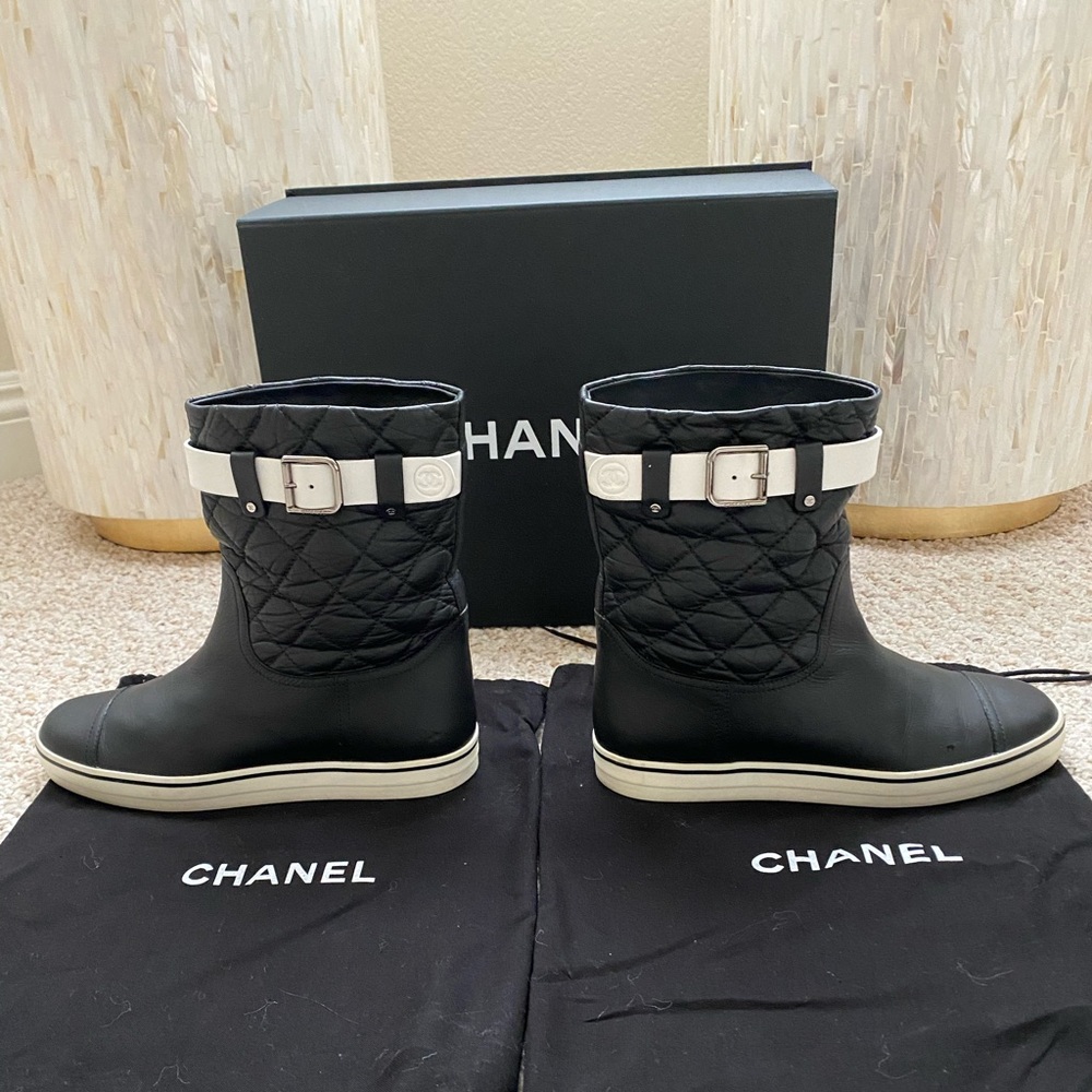 CHANEL TWO TONE BOOTS WITH ADDED BELTED BUCKLE
